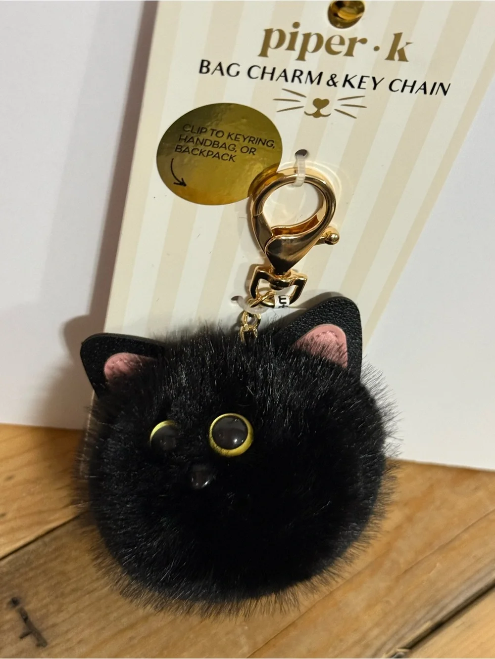 Piper Black Furry Cat Pom Pom Keychain with Gold Clasp